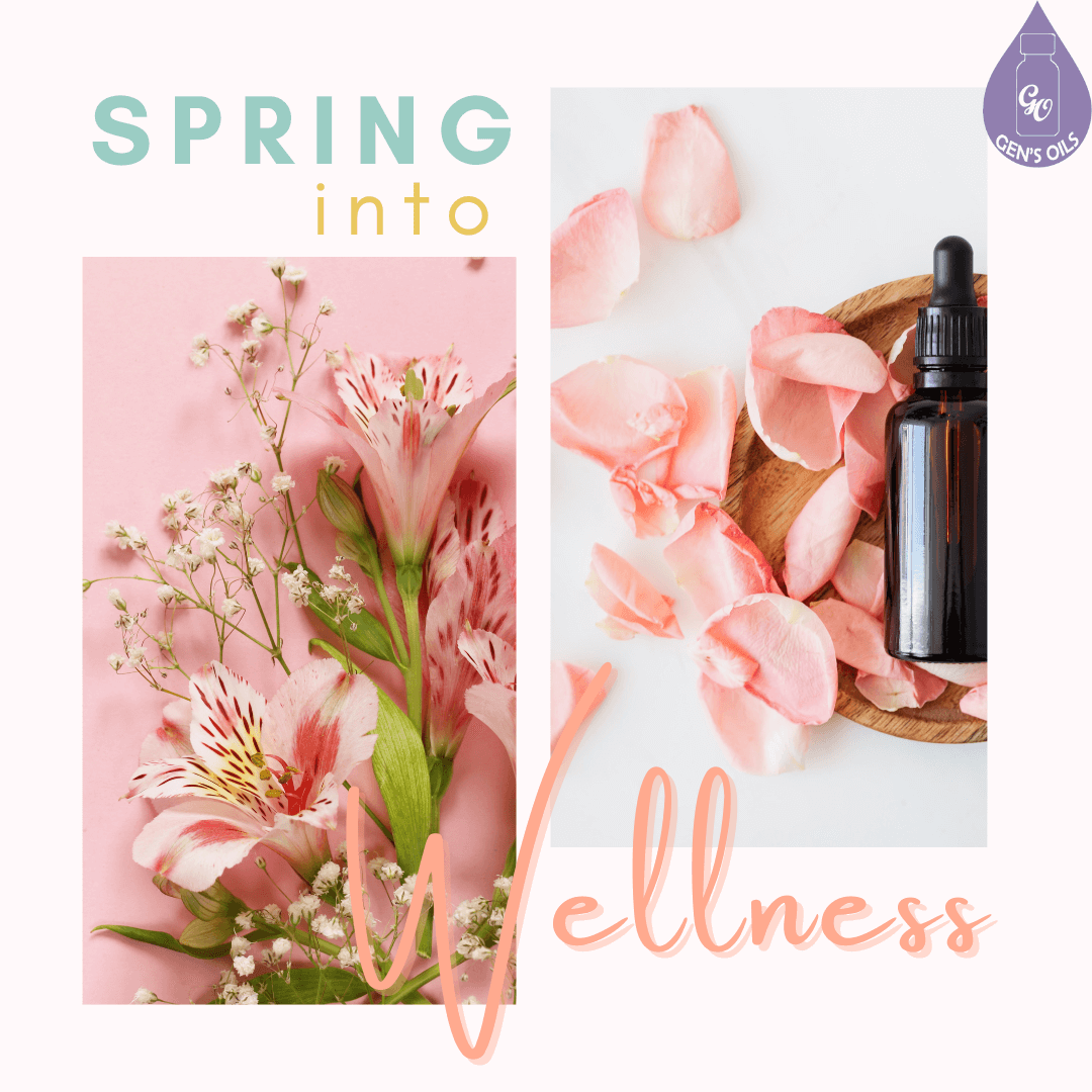 Spring into Wellness. Two images of flowers side by side. The one on the right includes a bottle of Adaptiv