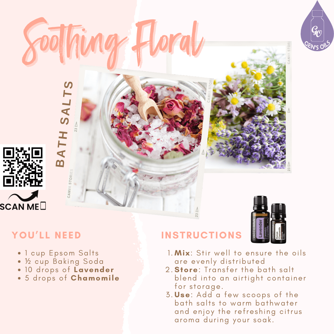 Bath Salts in a jar with bottles of Lavender & Roman Chamomile essential oils. The QR code opens a link to purchase these oils.