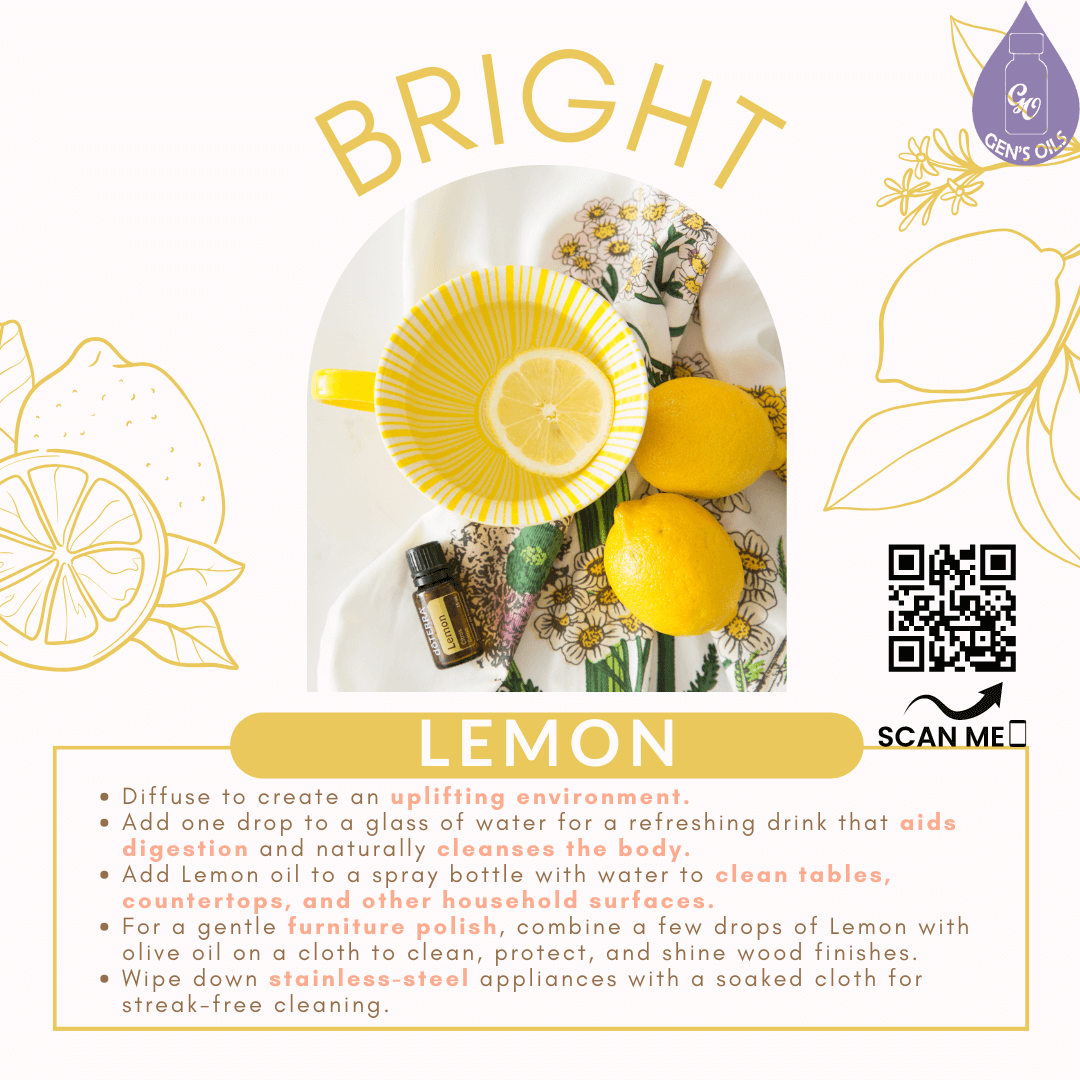 A slice of lemon in a bowl with a couple of lemons & a bottle of lemon essential oil. The QR code opens a link to purchase lemon oil.