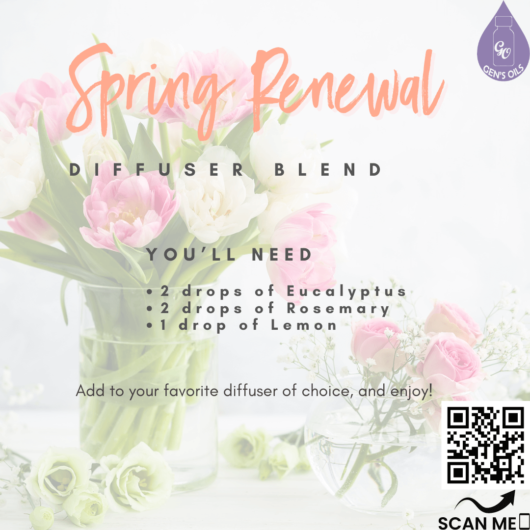 Spring Renewal Diffuser Blend recipe. The QR code opens a link to purchase these oils.