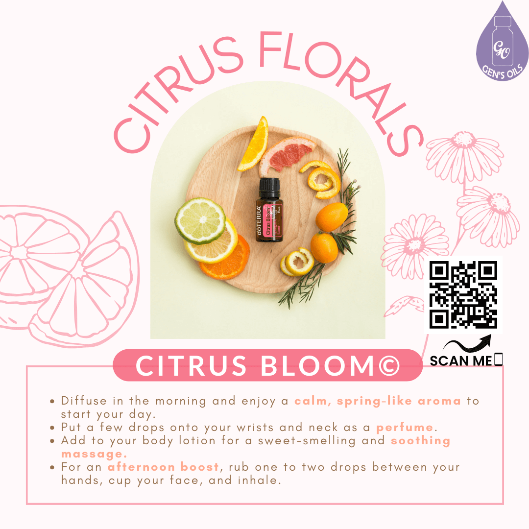 A bottle of Citrus Bloom essential oil surrounded by the different citruses in the blend. The QR code opens a link to purchase this oil.