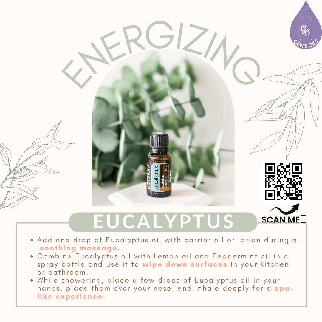 A bottle of Eucalyptus oil with a plant in the background. The QR code opens a link to purchase this oil.
