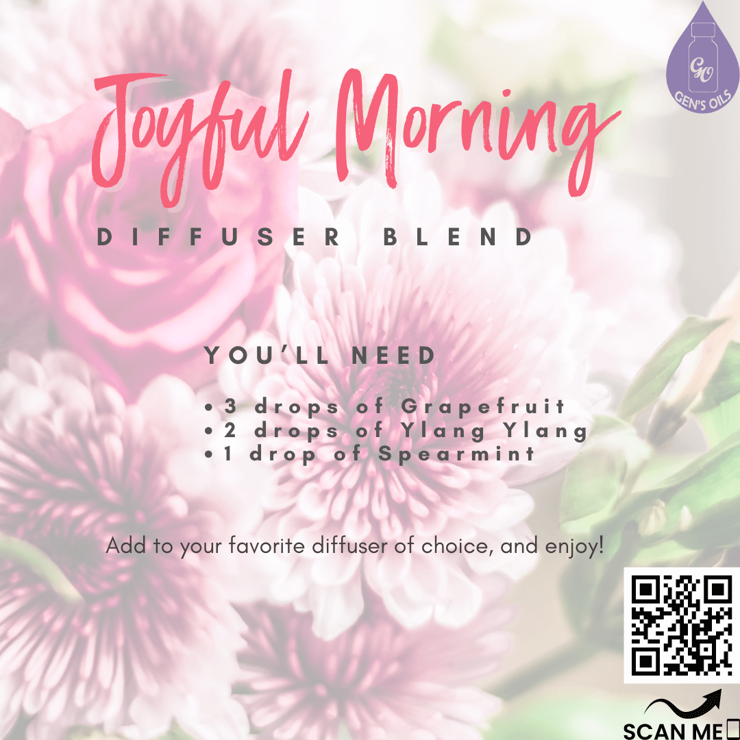 Joyful Morning Diffuser Blend. The QR code opens a link to purchase these oils.