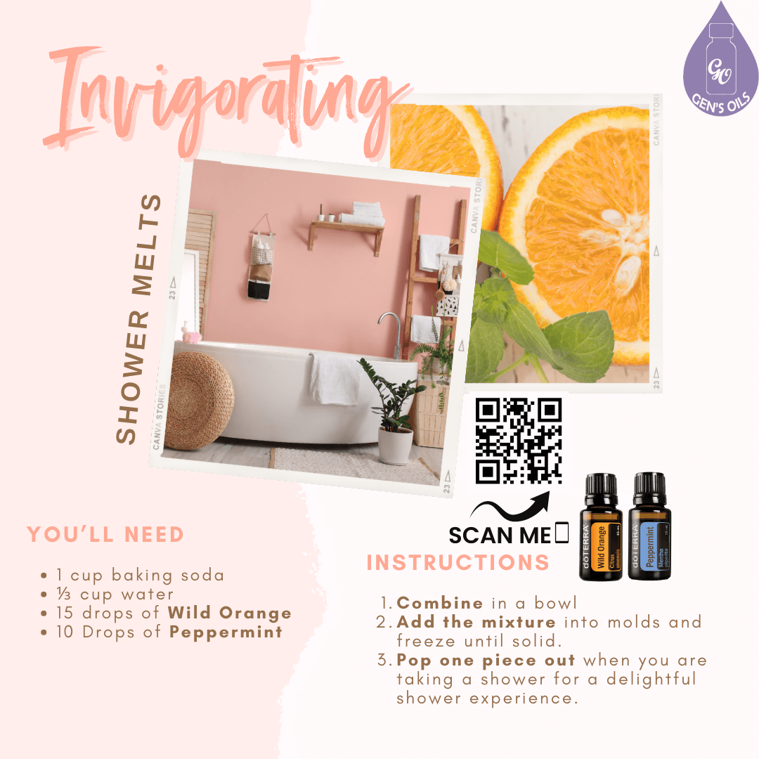 DIY Shower Melts recipe with bottles of Wild Orange & Peppermint oils. The QR code opens a link to purchase these oils.