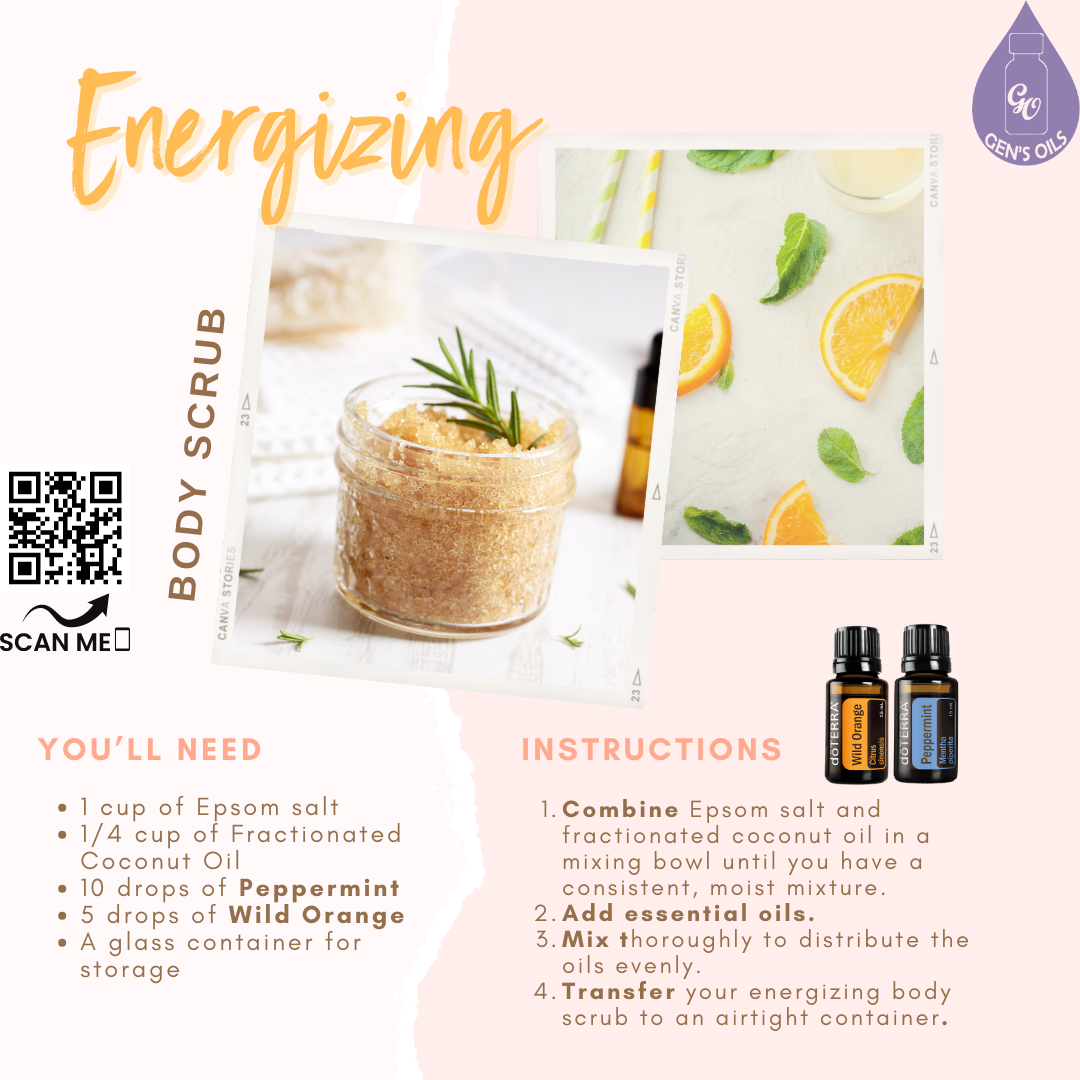 A jar of energizing body scrub with bottles of Wild Orange & Peppermint oils. The QR code opens a link to purchase these oils.