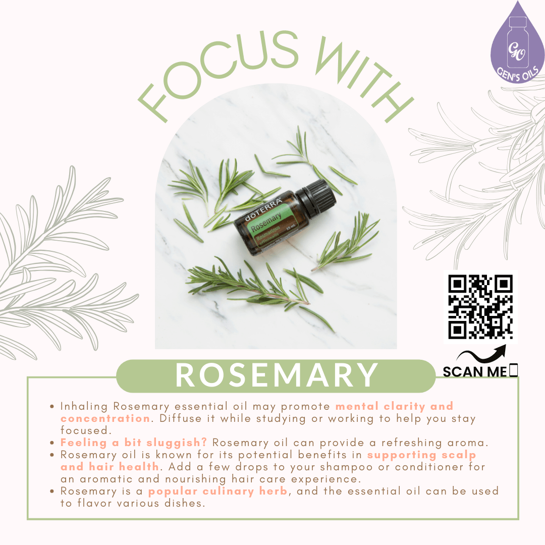 A bottle of Rosemary oil with the benefits listed below. The QR code opens a link to purchase this oil.