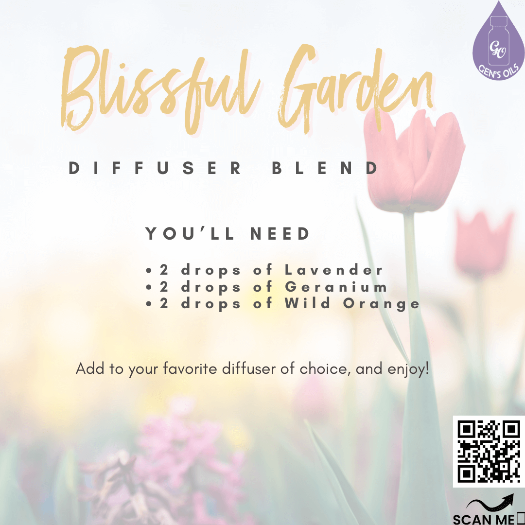 Blissful Garden Diffuser Blend. The QR code opens a link to purchase the oils listed.