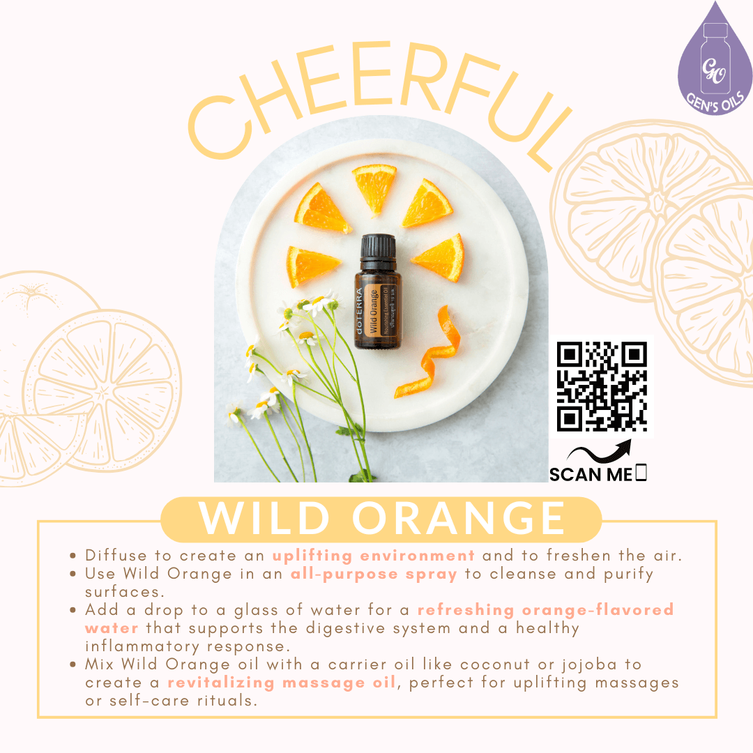 A bottle of Wild Orange oil on a plate surrounded by wedges of orange. The QR code opens a link to purchase this oil.
