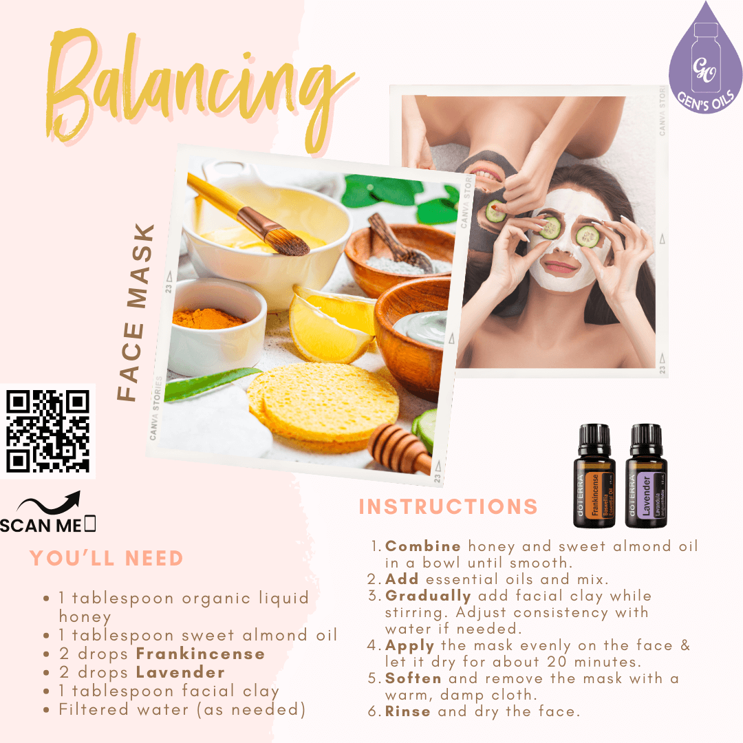 Face Mask recipe with an image of the ingredients & another showing a woman using the mask. The QR code opens a link to purchase the oils.