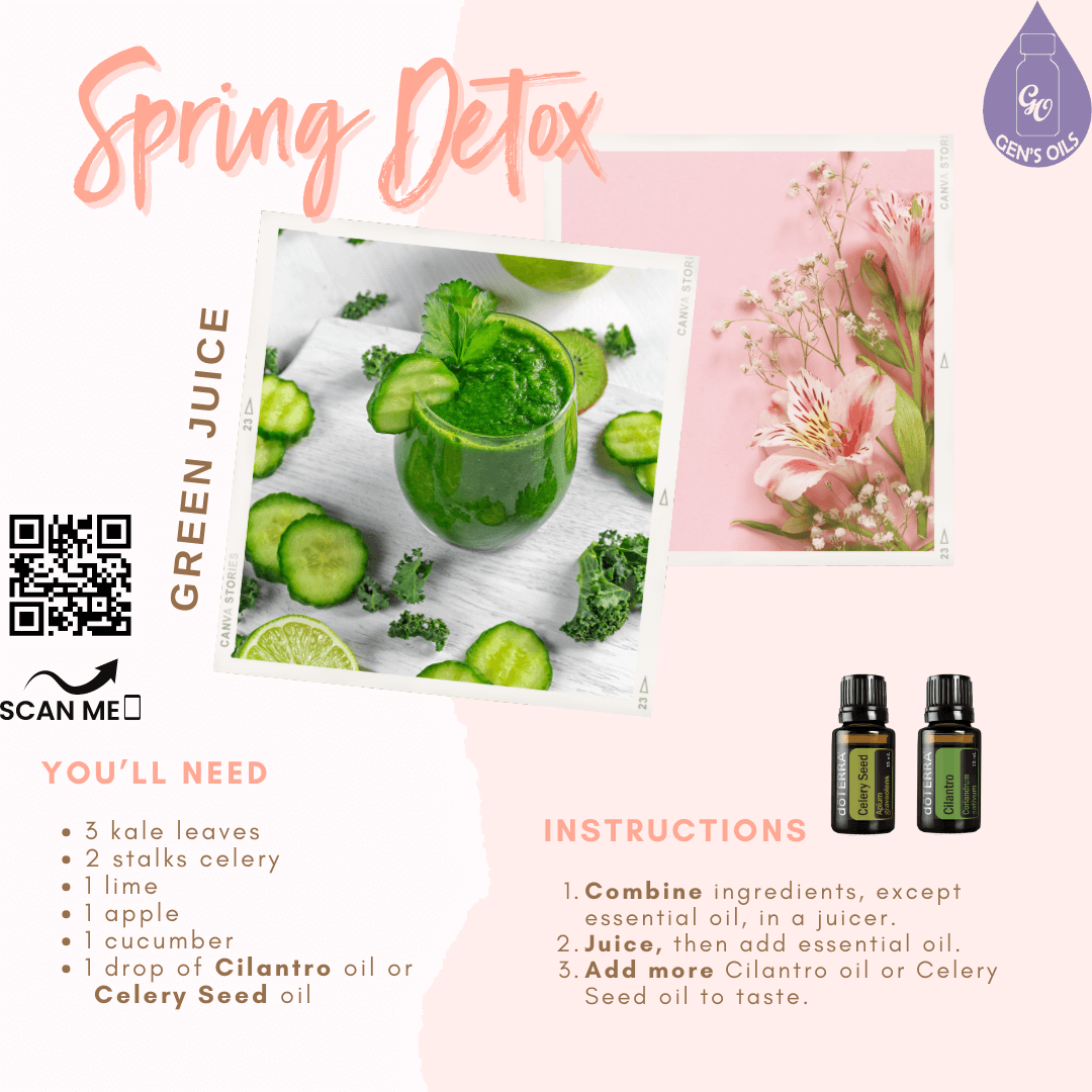 Spring Detox recipe with an image of the ingredients & essential oils. The QR code opens a link to purchase the essential oils.
