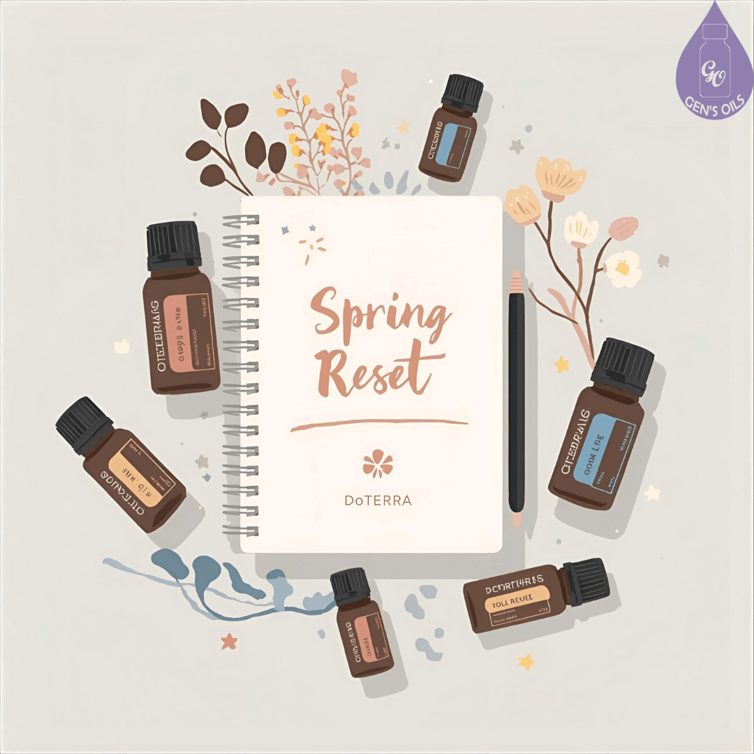 A notebook labelled "Spring Rest" with some essential oils.