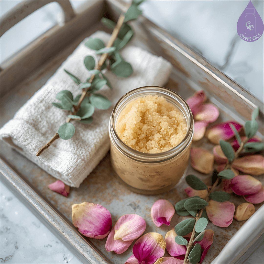 A glass jar of scrub on a bathroom tray with petals, a washcloth, and a sprig of eucalyptus.