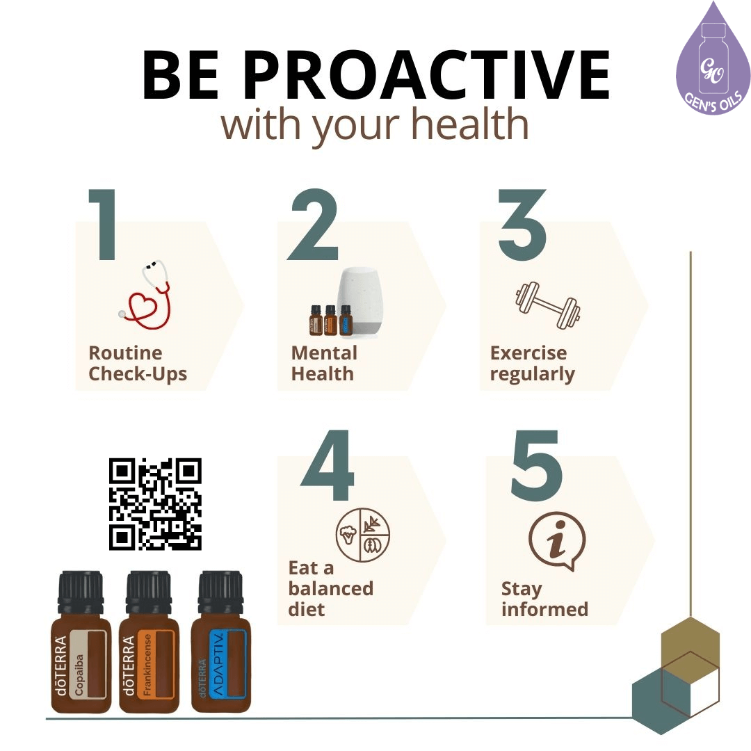 5 suggestions to being proactive with your health, including images of Copaiba, Frankincense & Adaptv essential oils. The QR code opens a link to purchase these oils.
