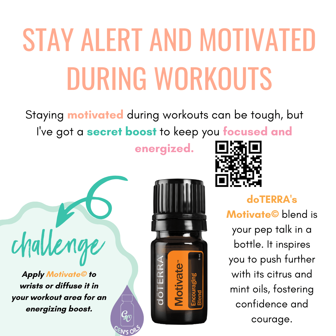 Stay Alert and Motivated During Workout with an bottle of Motivate essential oil. The QR code opens a link to purchase Motivate oil