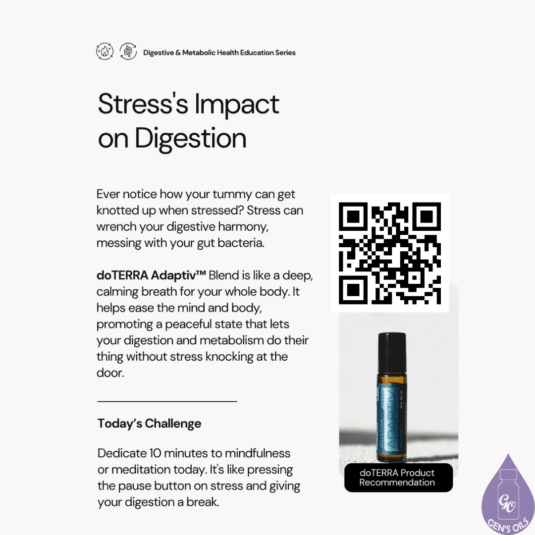 Stress's Impact on Digestion with a bottle of Adaptiv Touch. The bar code opens a link to purchase Adaptiv