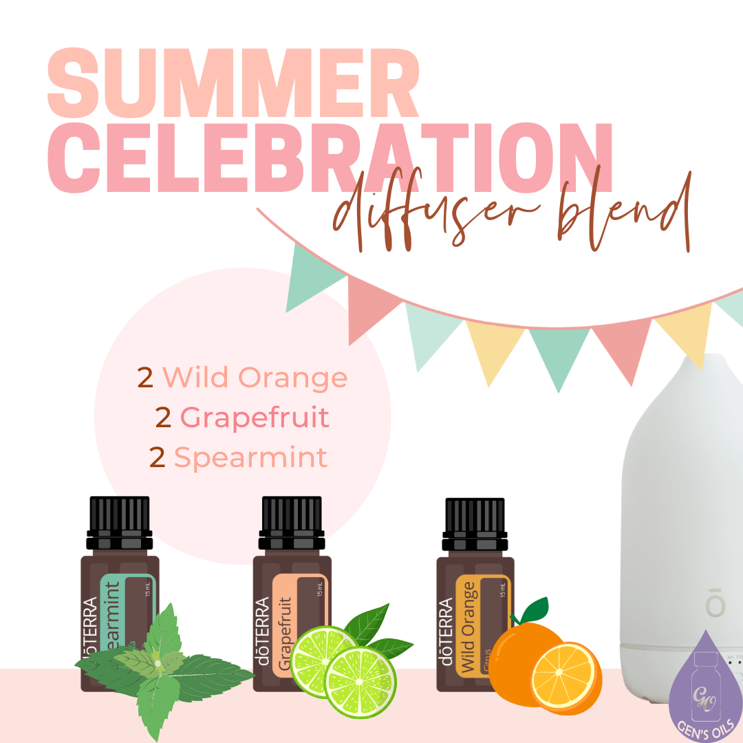 Summer Celebration diffuser blend. 2 drops Wild Orange, 2 drops Grapefruit, 2 drops Spearmint