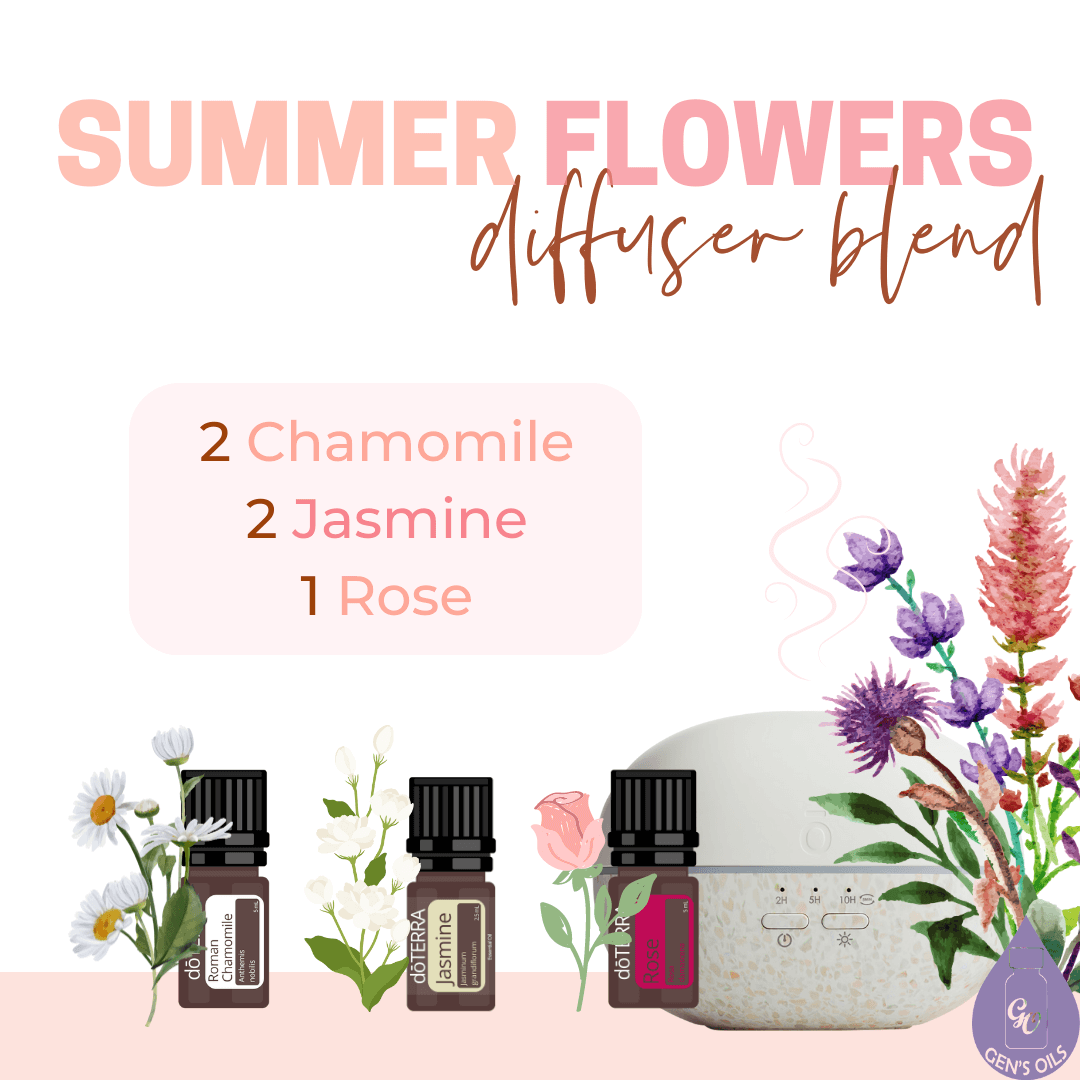 Summer Flowers diffuser blend. 2 drops Roman Chamomile, 2 drops Jasmine, 1 drop Rose,