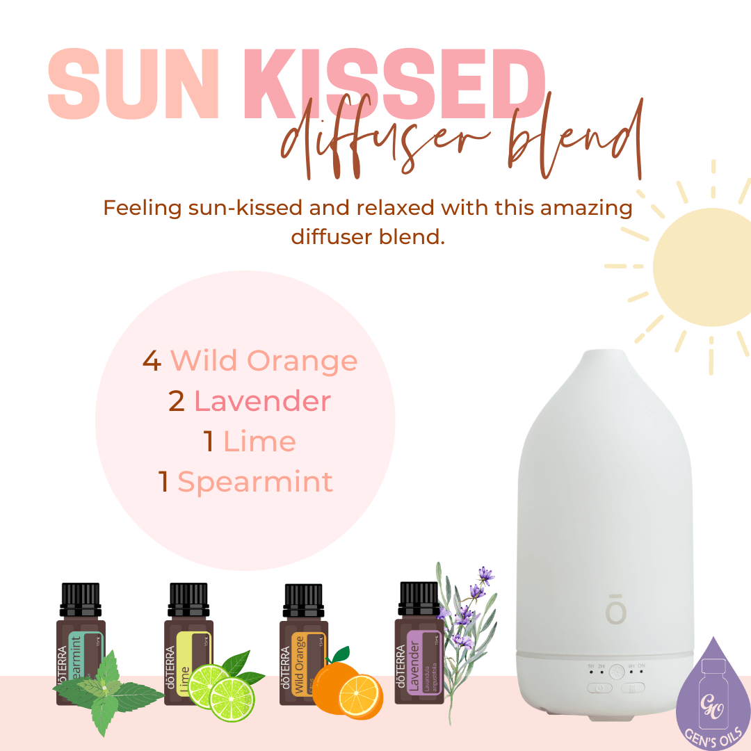 Sun Kissed diffuser blend. 4 drops Wild Orange, 2 drops Lavender, 1 drop Lime, 1 drop Spearmint