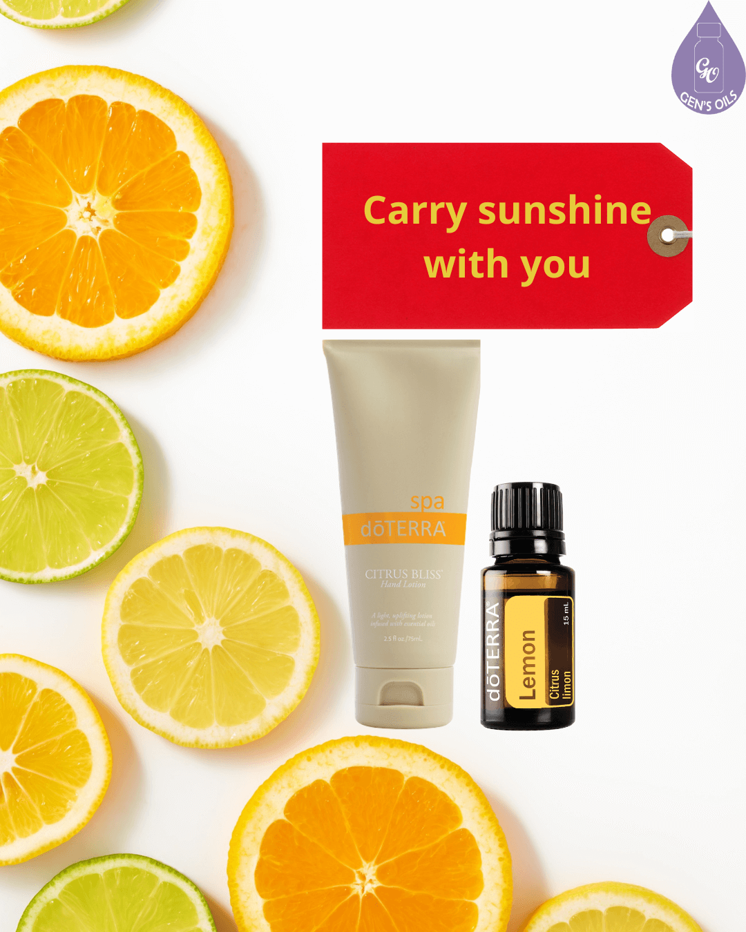 Sunshine Duo. Citrus Bliss Hand Lotion & Lemon essential oil surrounded by sliced citrus fruit, with a gift tag saying “Carry sunshine with you”