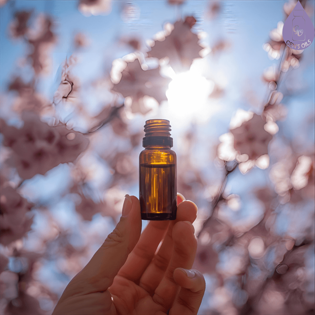 An essential oil roller bottle held up to the sky with sunlight filtering through cherry blossoms.