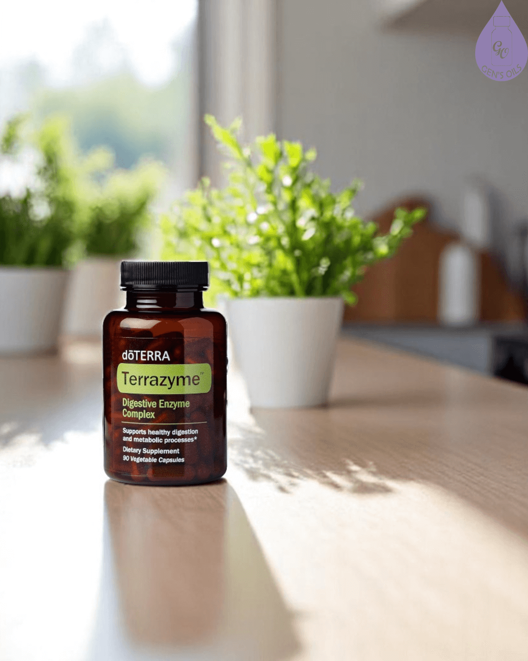 A bottle of doTERRA Terrazyme Digestive Enzyme Complex sits on a counter, with potted green plants in the background.