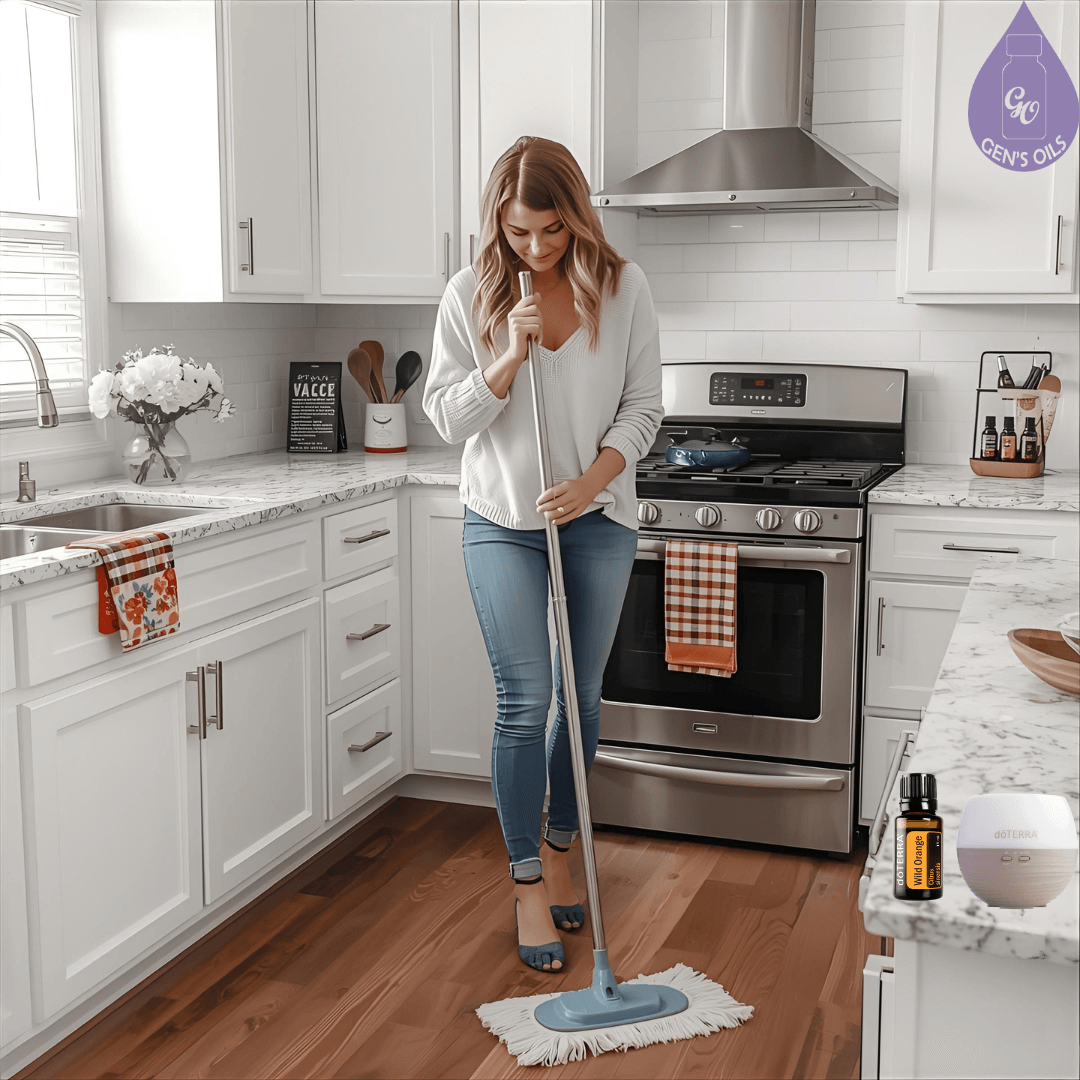 A woman is sweeping the kitchen. A bottle of Wild Orange essential oils sits on the bench next to a diffuser.