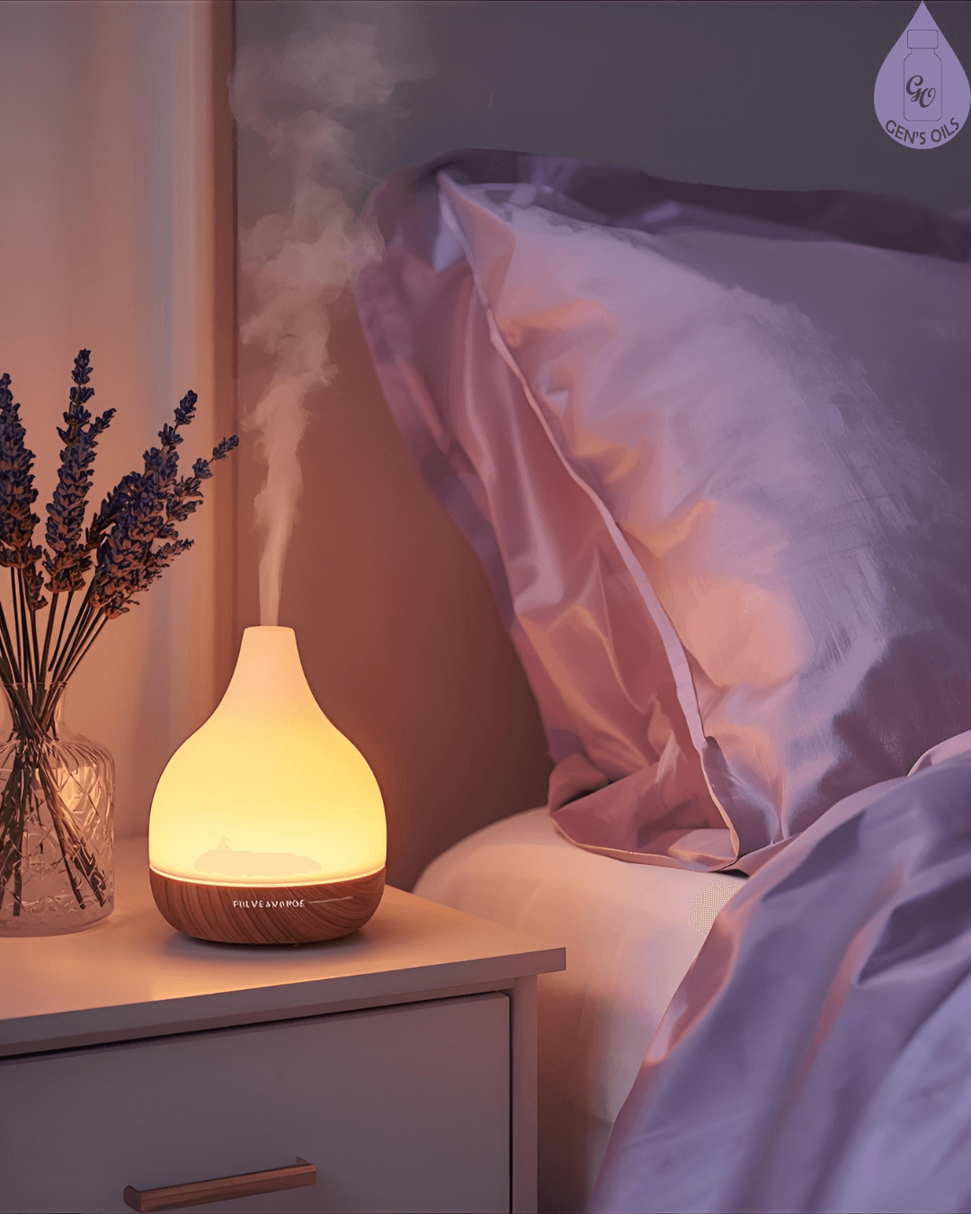 Sweet Dreams. A diffuser glowing softly on a bedside table with a vase of Lavender. The bed has a silk pillowcase.