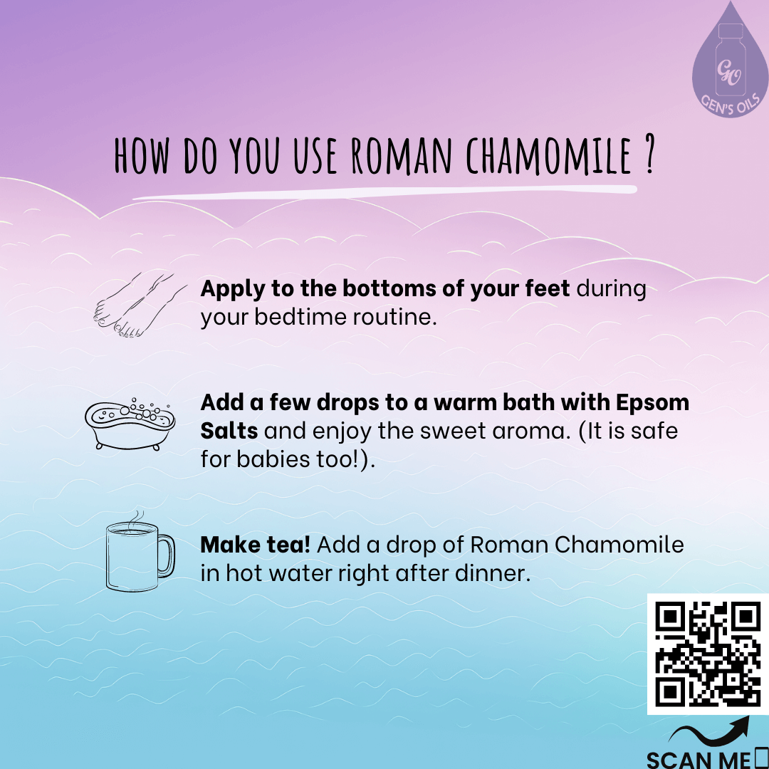 How do you use Roman Chamomile? Apply to the bottoms of your feet; Add a few drops to a warm bath; Make tea. The QR code opens a link to purchase Roman Chamomile essential oil.