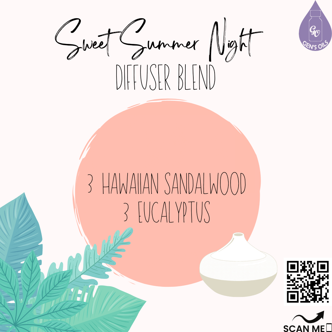 Sweet Summer Night diffuser blend with an image of a diffuser. The QR code opens a link to purchase these essential oils.