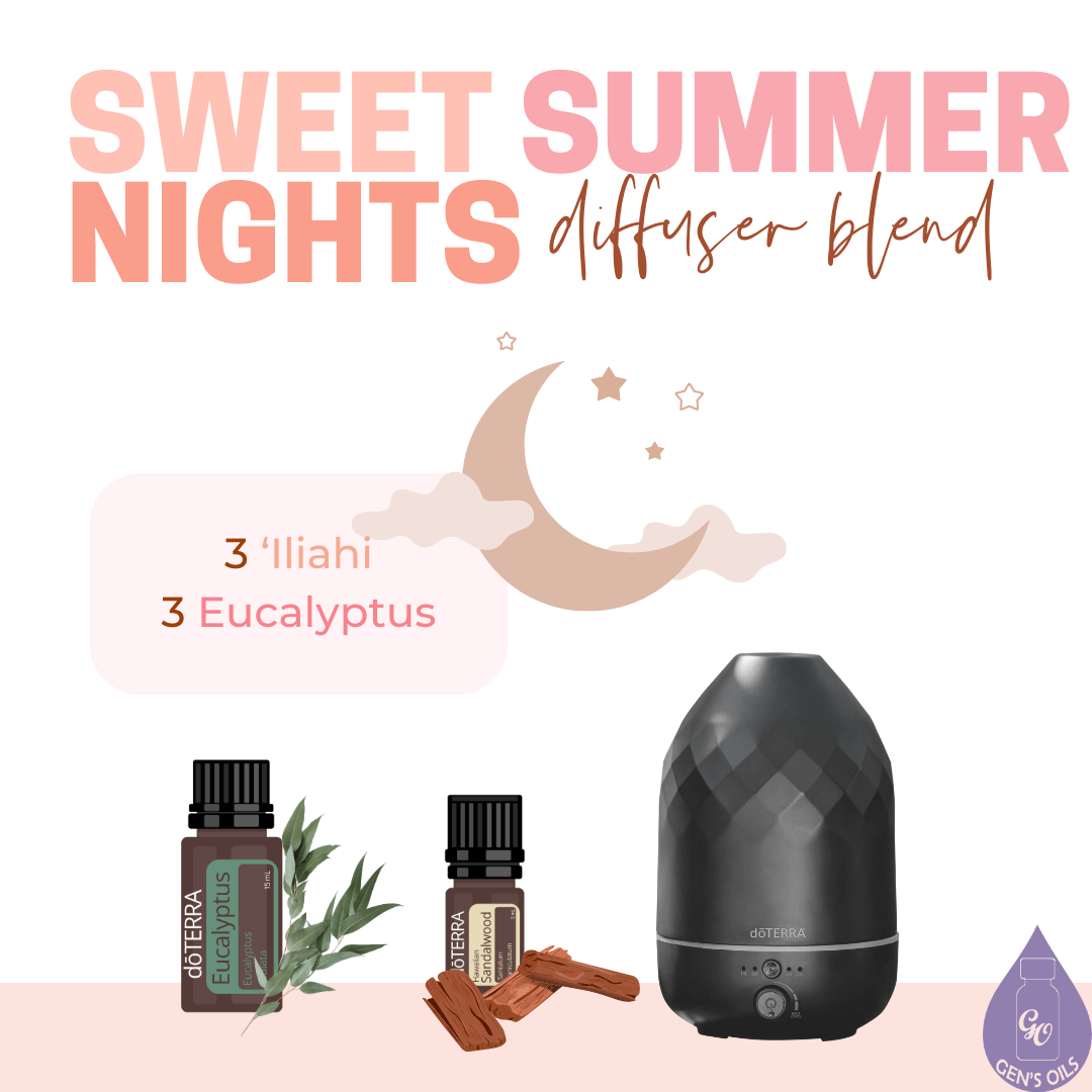 Sweet Summer Nights diffuser blend. 3 drops Hawaiian Sandalwood, 3 drops Eucalyptus