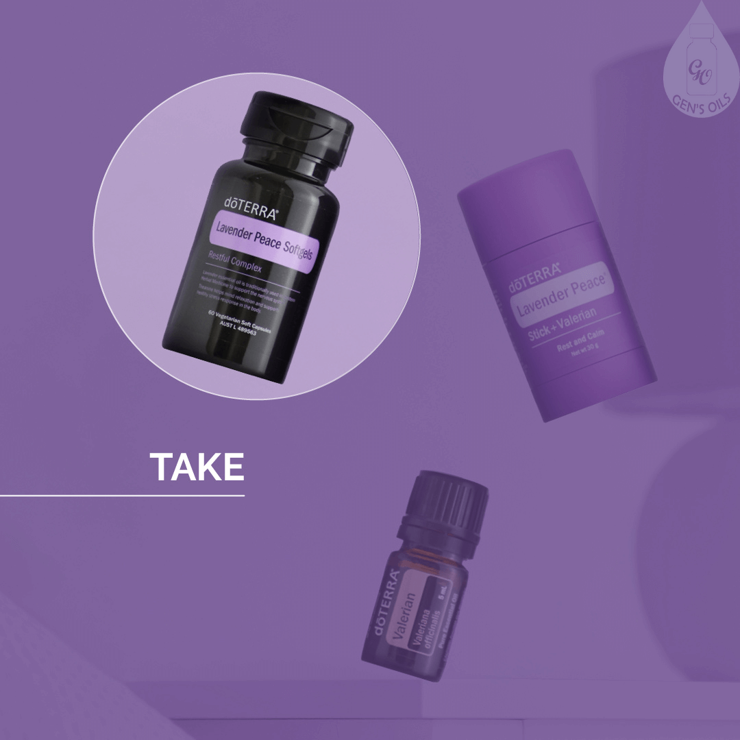 Lavender Peace Softgels, Lavender Peace Stick & Valerian essential oil, with a bright circle around Lavender Peace. The text reads: Take