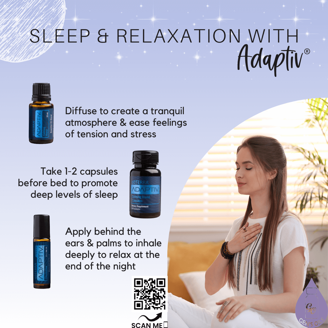 Sleep & Relaxation with the Adaptiv system. The QR code opens a link to purchase Adaptiv essential oil & Adaptiv Touch available in NZ. The Adaptiv capsules are only available from the US market.
