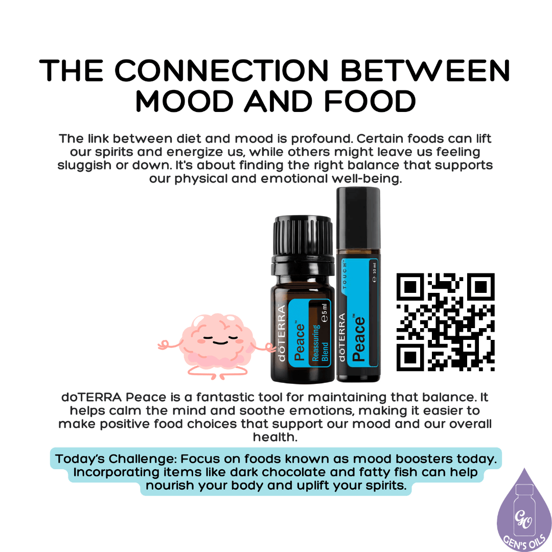 The Connection Between Mood & Food with a bottle each of Peace & Peace Touch essential oils. The QR code opens a link to purchase Peace & Peach Touch.