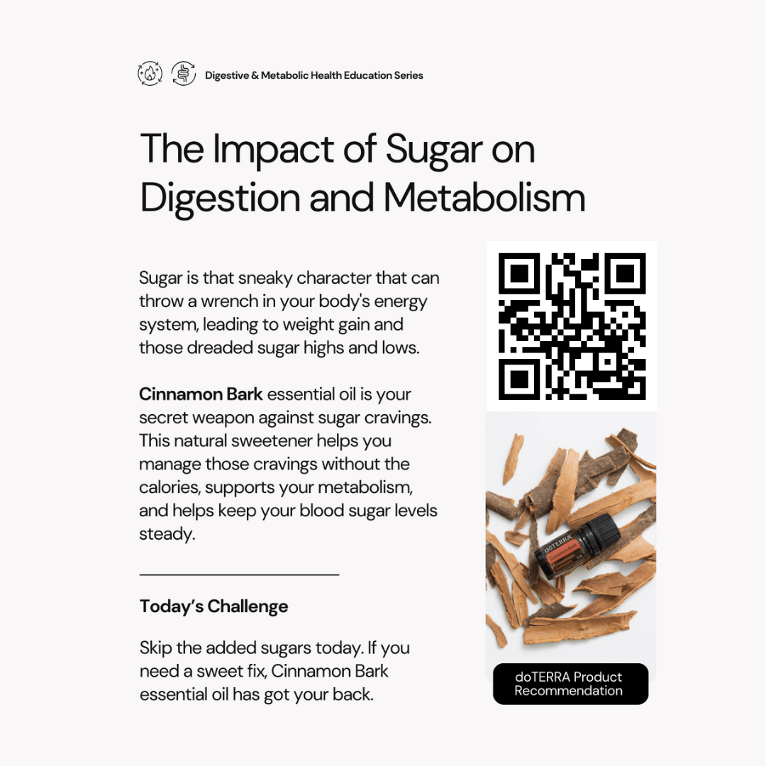 The Impact of Sugar on Digestion & Metabolism, with a bottle of Cinnamon Bark oil. The barcode above the image opens a link to purchase Cinnamon Bark oil
