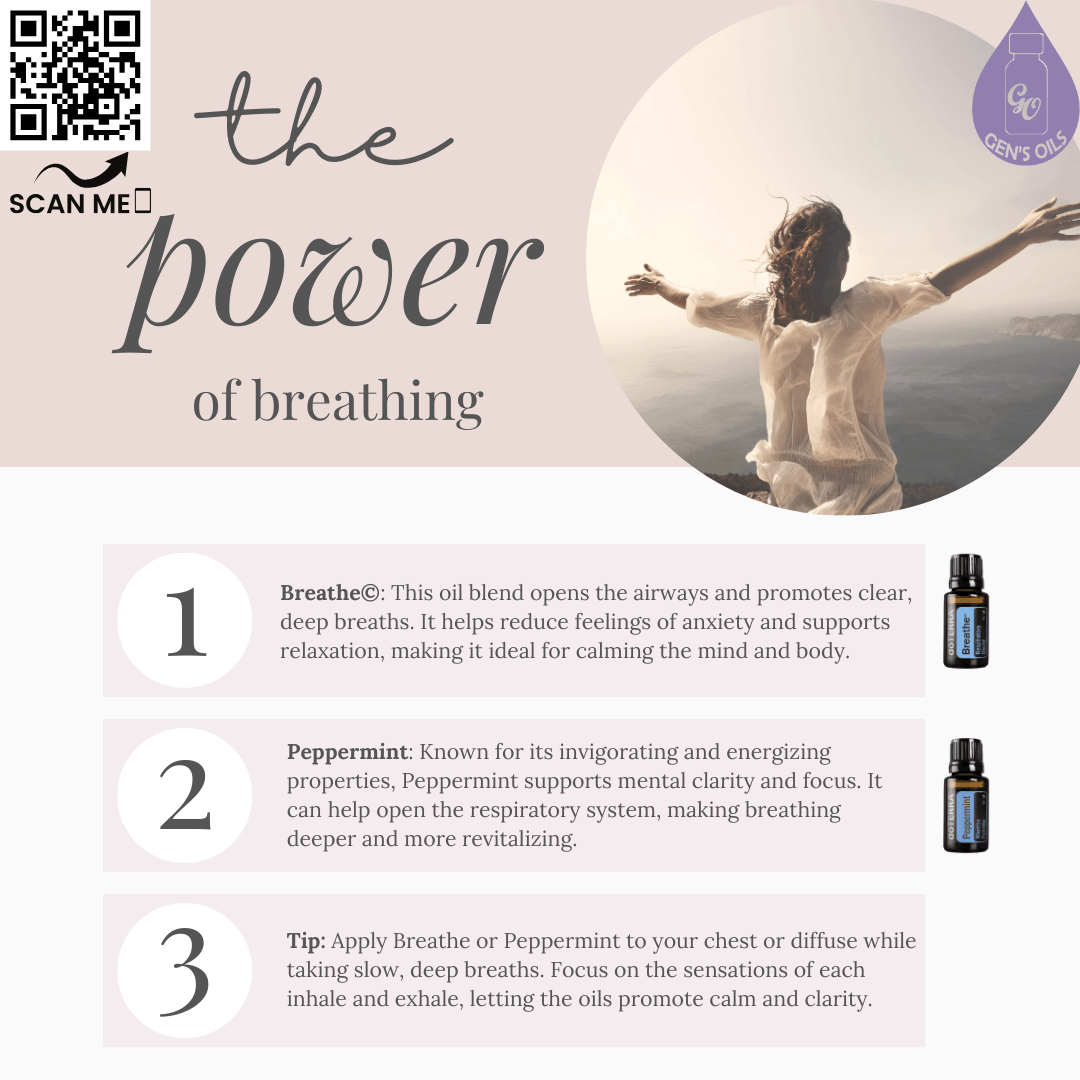 Bottles of Easy Air & Peppermint essential oils with tips for use & an image of a woman with her arms raised. The QR code opens a link to purchase these oils.