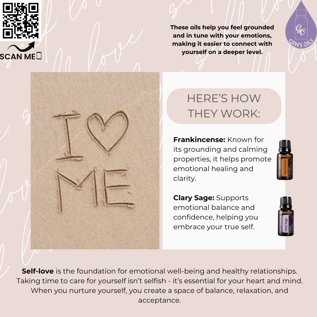 Benefits of Frankincense & Clary Sage. The QR code opens a link to purchase these oils.