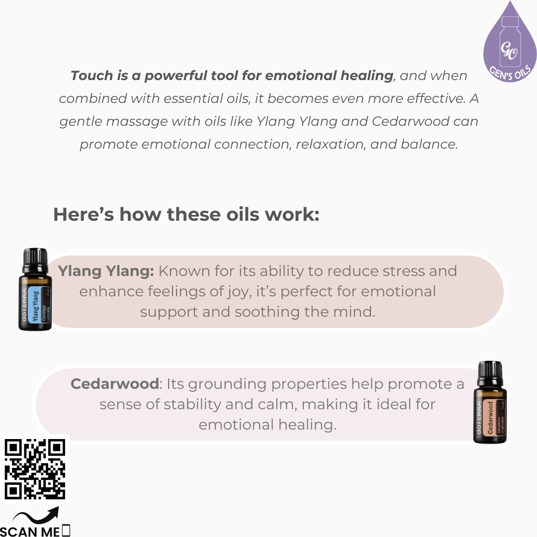 Bottles of Ylang Ylang & Cedarwood with tips on how to use them. The QR code opens a link to purchase these essential oils.