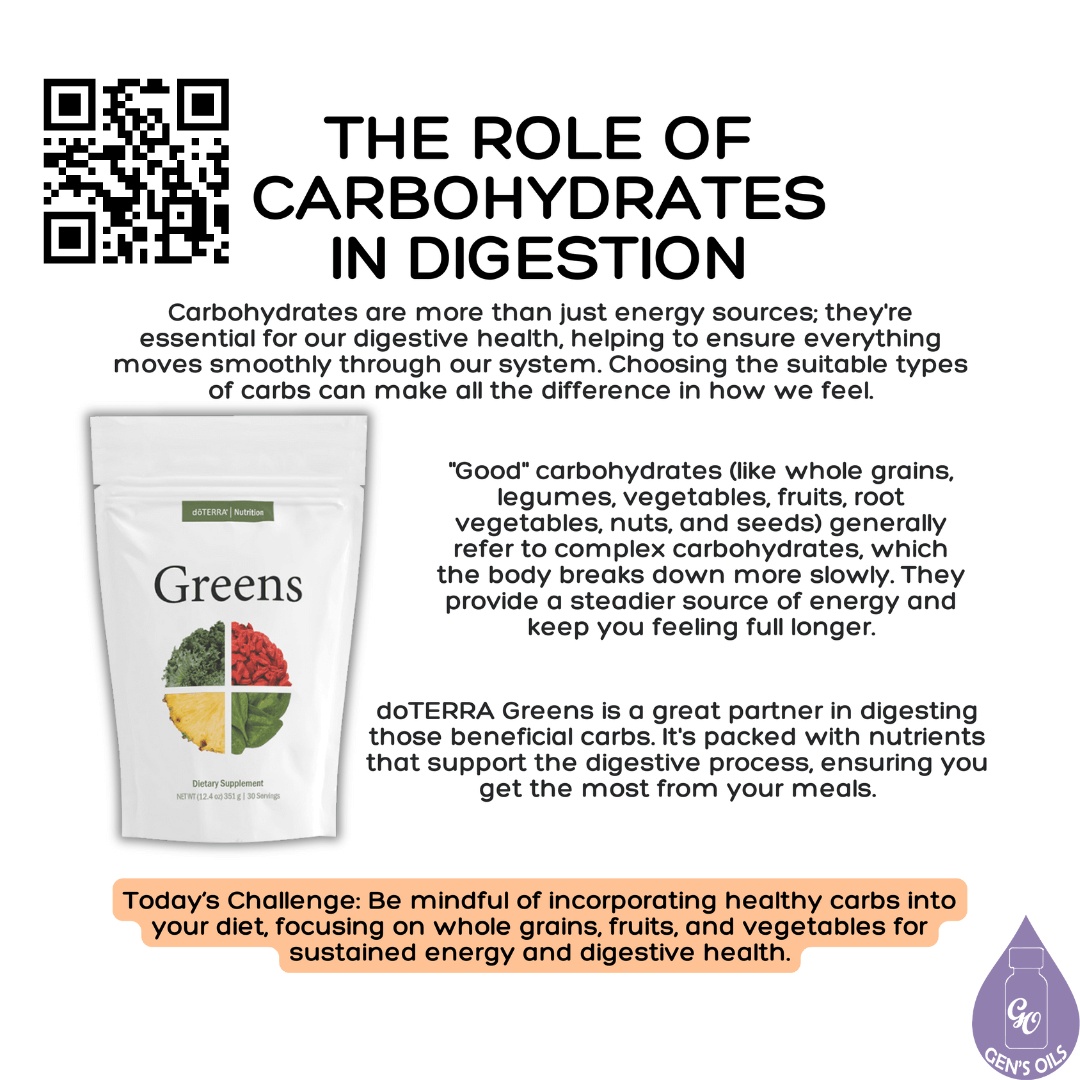 The Role of Carbohydrates in Digestion with a packet of Greens powder. The QR code above the image opens a link to purchase Greens powder