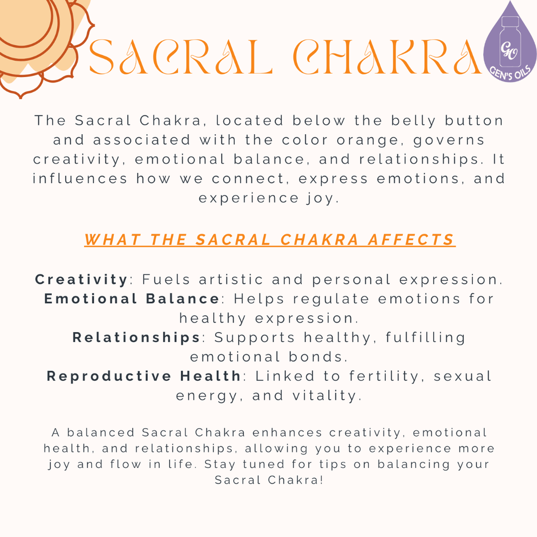 The Sacral Chakra affects creativity, emotional balance, relationships & reproductive health.