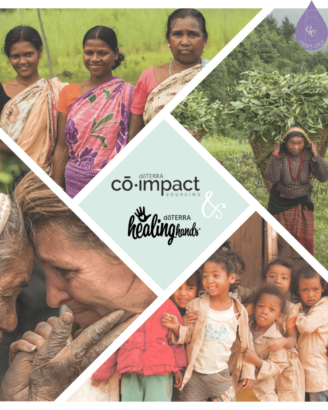 Collage of images showing people involved in doTERRA's Co-Impact Sourcing and Healing Hands initiatives, including women in traditional clothing, a woman carrying a basket of plants, and a group of children.