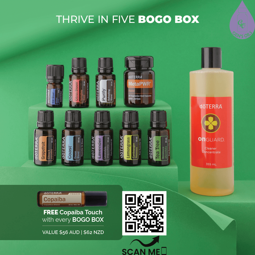 BOGO Box containing all five daily combos + a FREE Copaiba Touch.