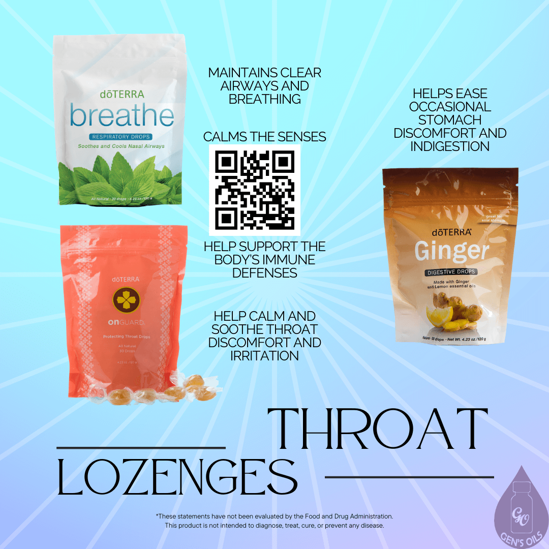 Packets of the Easy Air, On Guard & Ginger Throat Drops. The QR code opens a link to purchase the Easy Air & On Guard drops.