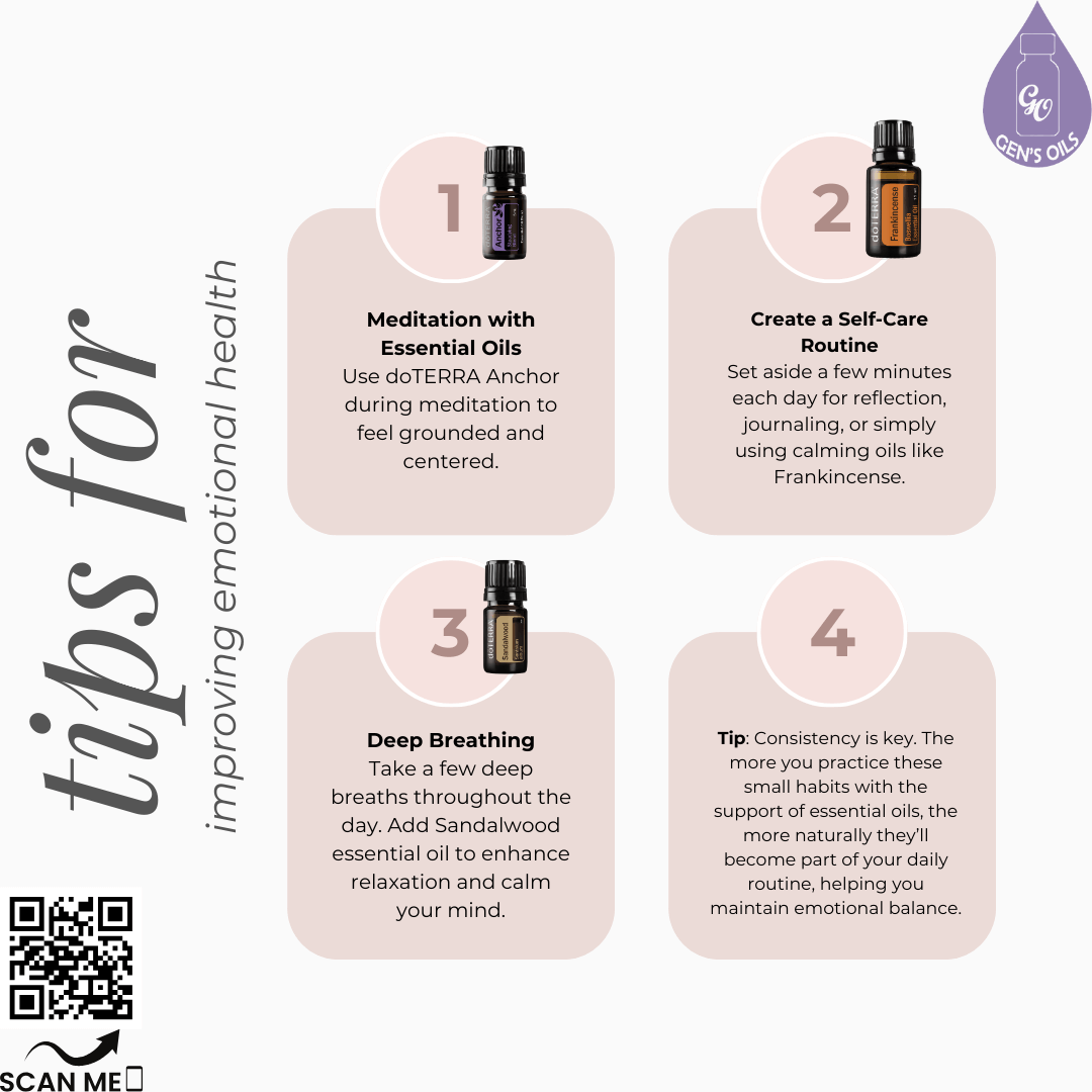 Tips for improving emotional health, with a bottle of the essential oil mentioned in each tip. The QR code opens a link to purchase these essential oils.
