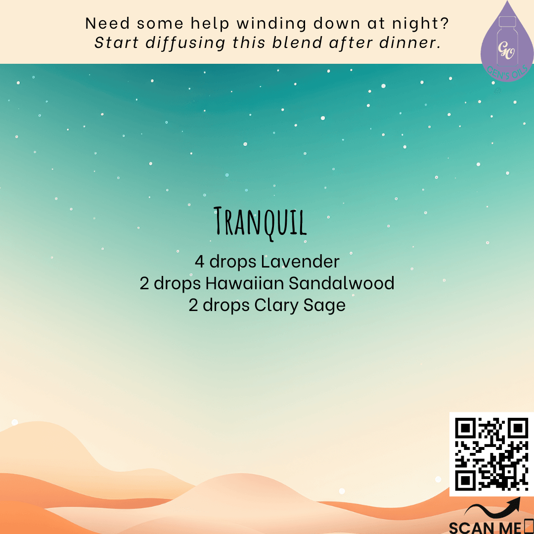 Tranquil diffuser blend. The QR code opens a link to purchase Lavender, Hawaiian Sandalwood & Clary Sage essential oils.