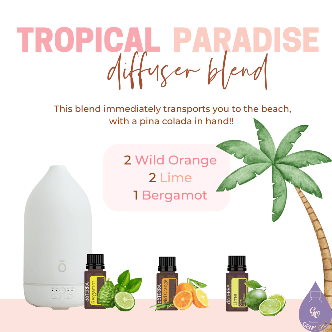 Tropical Paradise diffuser blend.  drops Wild Orange, 2 drops Lime, 2 drops Bergamot