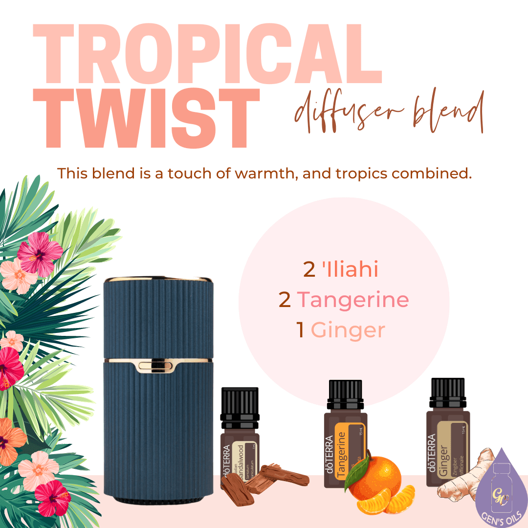 Tropical Twist diffuser blend. 2 drops Hawaiian Sandalwood, 2 drops Tangerine, 1 drop Ginger