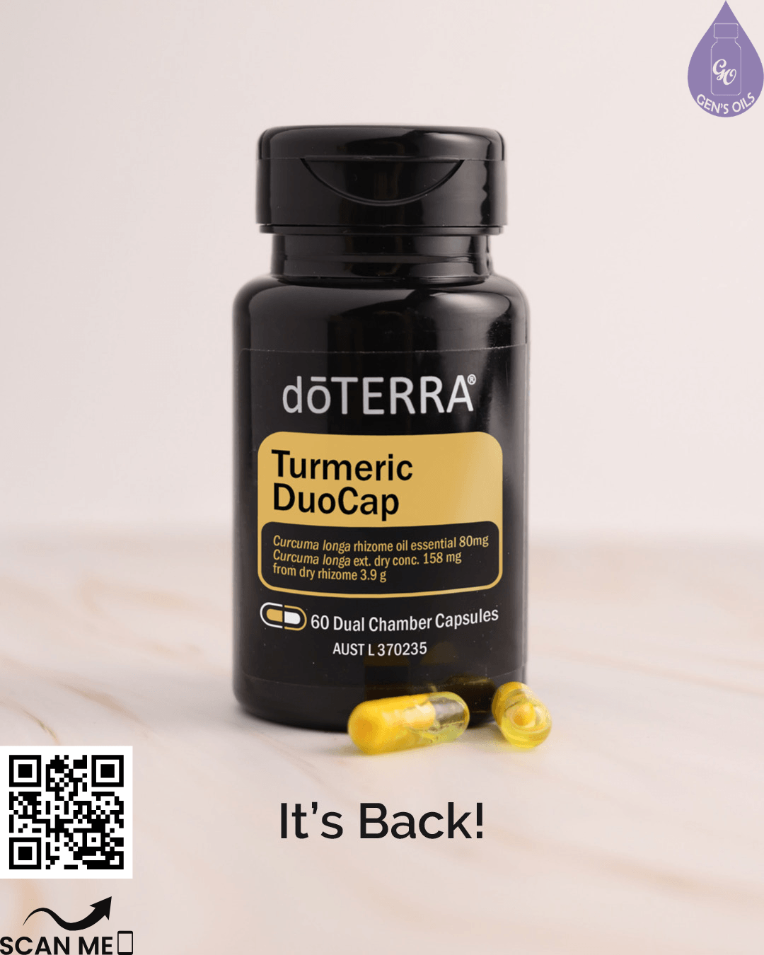 A bottle of doTERRA Turmeric DuoCap capsules with two capsules in front of it. 