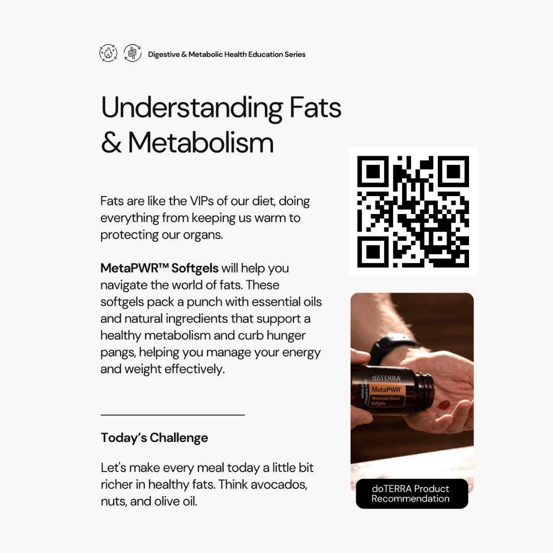 Understanding Fats & Metabolism, with an image of MetaPWR Softgels. The barcode opens a link to purchse the MetaPWR system.