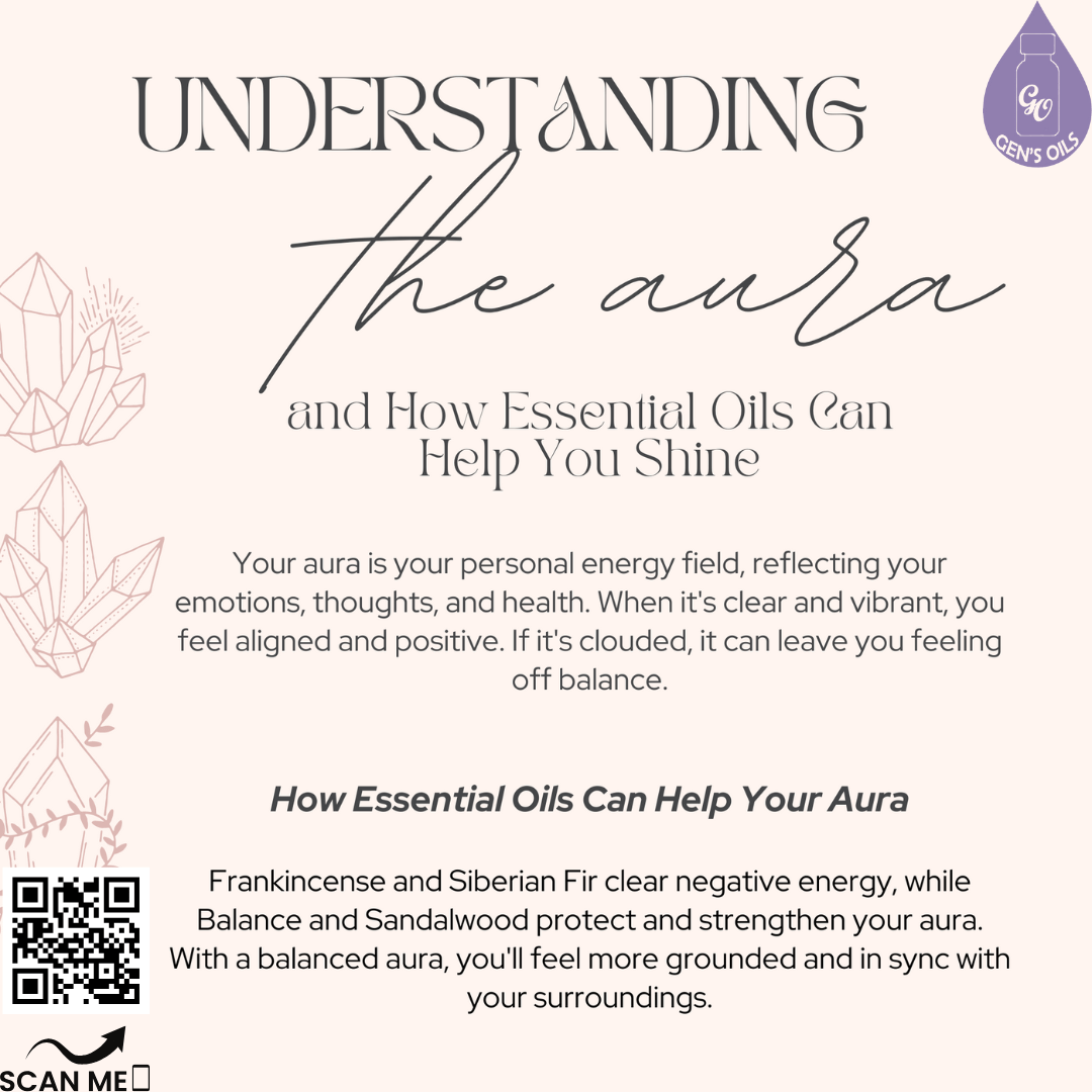 Understanding the aura and how essential oils can help you. The QR code opens a link to purchase Frankincense, Siberian Fir, Balance & Sandalwood essential oils.
