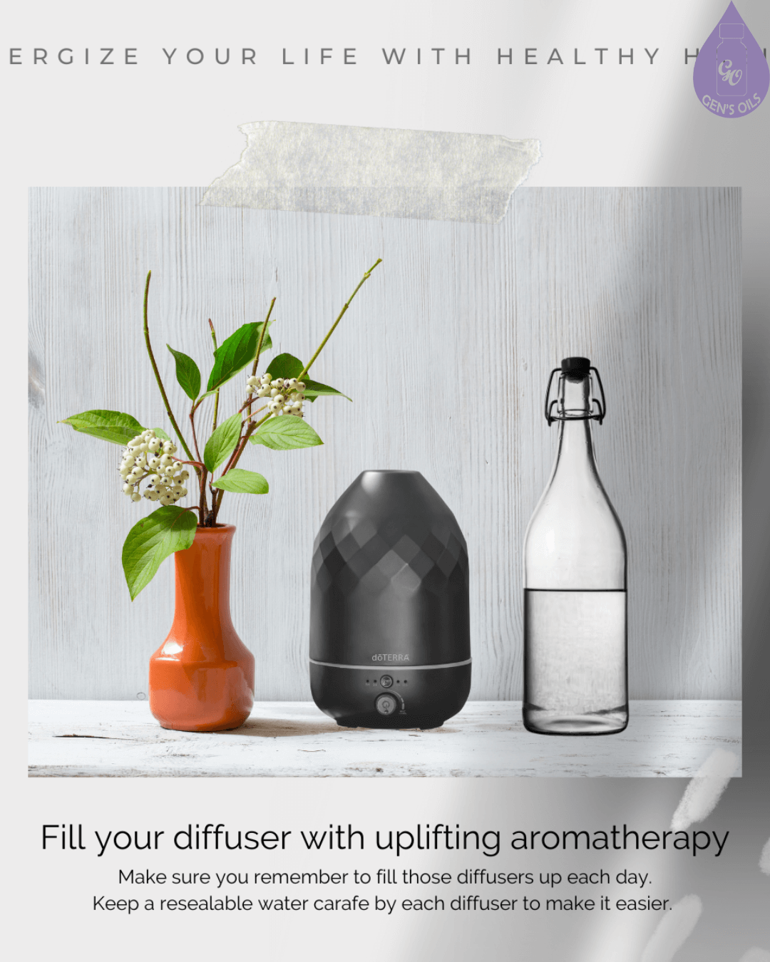 Aromatherapy setup featuring a diffuser, a vase with white flowers, and a glass water bottle on a bench.